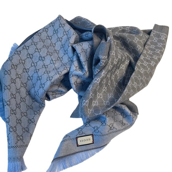 Gucci 411115 Gray and Blue 100% Wool GG Monogram Stencil Scarf - Picture 8 of 15